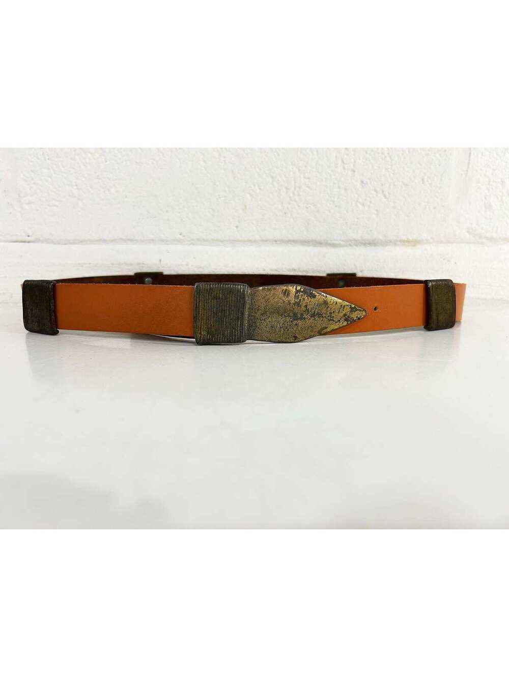 Funky Leather Belt Western Rockabilly Country Omega Gold Brass Buckle 1970s